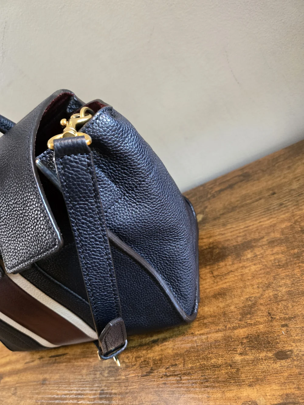 Mulberry Navy Leather Satchel with Burgundy and White Center Stripe